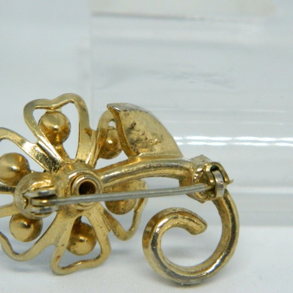 Gold Tone CORO Blue Rhinestone Flower Pin Brooch - Picture 4 of 4